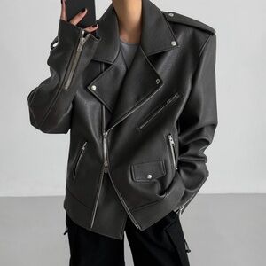 Oversized smoky gray leather jacket women jacket